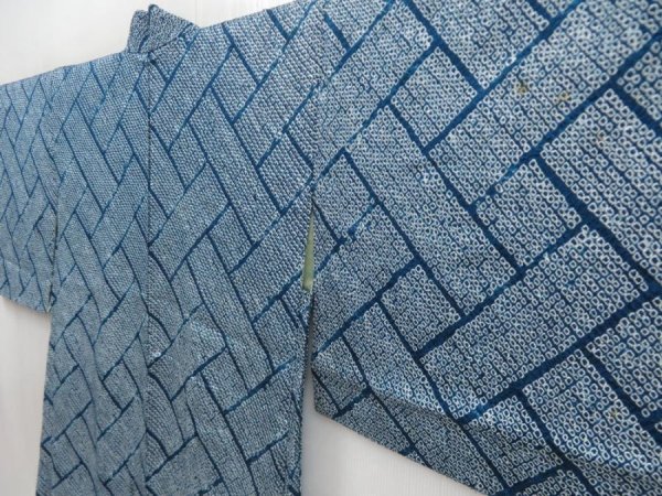 Photo2: 5814T06z410 Vintage Japanese Kimono Silk SHIBORI HAORI  Dark cyan blue (2)
