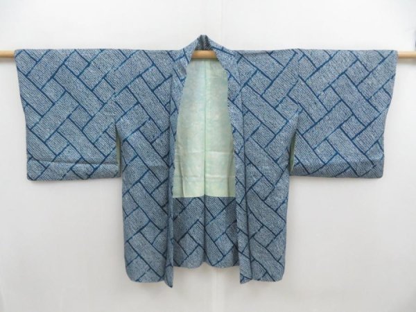 Photo6: 5814T06z410 Vintage Japanese Kimono Silk SHIBORI HAORI  Dark cyan blue (6)