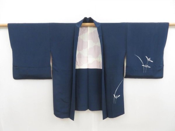 Photo6: 5814T07z650 Vintage Japanese Kimono Silk HAORI Flower Navy (6)