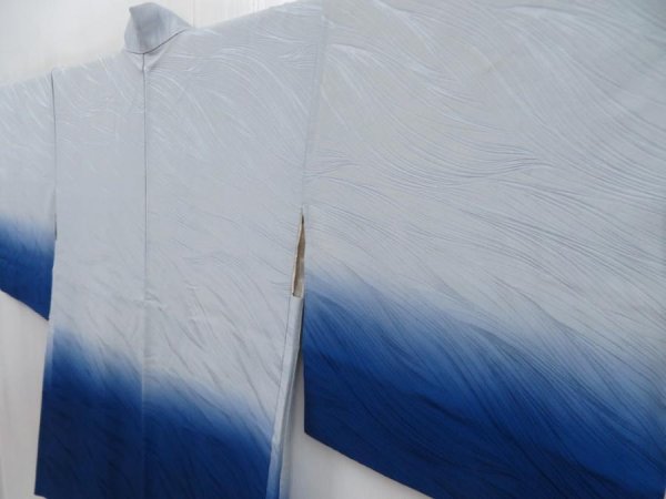 Photo2: 5814T09z460 Vintage Japanese Kimono Silk HAORI  Dull light blue (2)