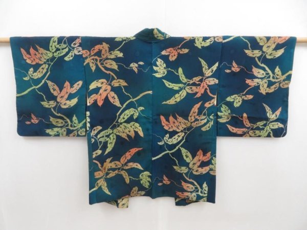 Photo1: 5814T11z560 Vintage Japanese Kimono Silk HAORI Leaf Dark cyan (1)