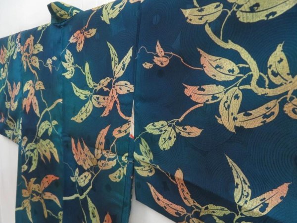 Photo2: 5814T11z560 Vintage Japanese Kimono Silk HAORI Leaf Dark cyan (2)