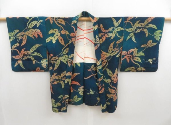 Photo5: 5814T11z560 Vintage Japanese Kimono Silk HAORI Leaf Dark cyan (5)