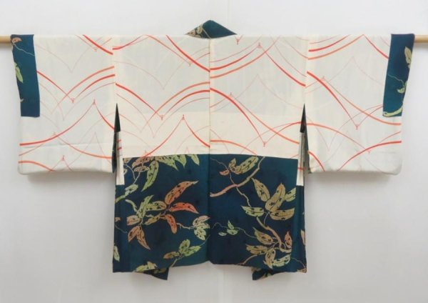 Photo6: 5814T11z560 Vintage Japanese Kimono Silk HAORI Leaf Dark cyan (6)