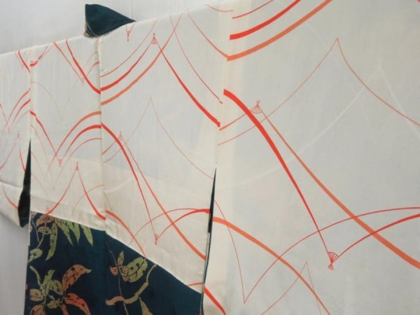 Photo7: 5814T11z560 Vintage Japanese Kimono Silk HAORI Leaf Dark cyan (7)