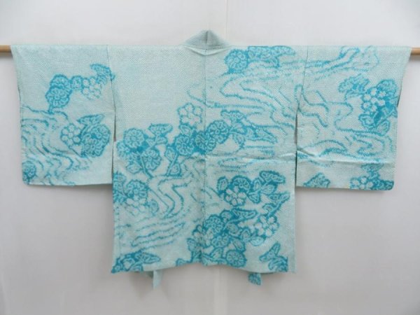 Photo1: 5814T12z420 Vintage Japanese Kimono Silk SHIBORI HAORI Water blue (1)