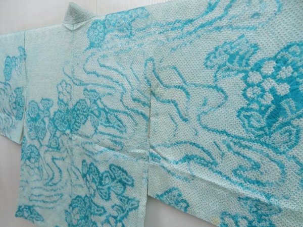 Photo2: 5814T12z420 Vintage Japanese Kimono Silk SHIBORI HAORI Water blue (2)