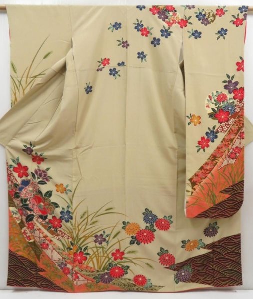 Photo1: 5816T010z1230  Japanese Kimono Silk Bingata FURISODE Flowers Light olive (1)