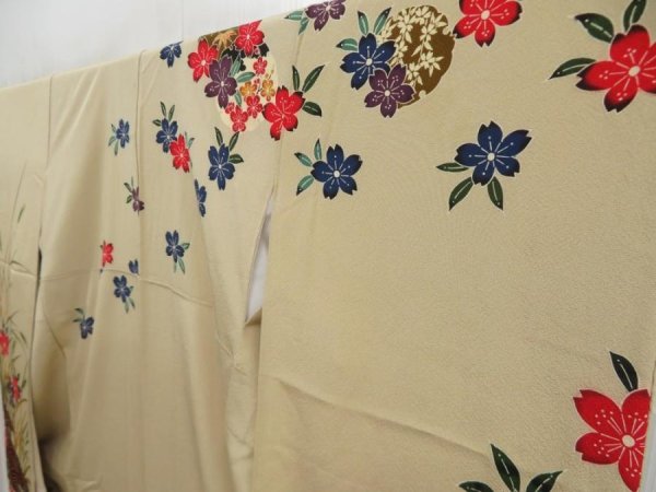 Photo2: 5816T010z1230  Japanese Kimono Silk Bingata FURISODE Flowers Light olive (2)