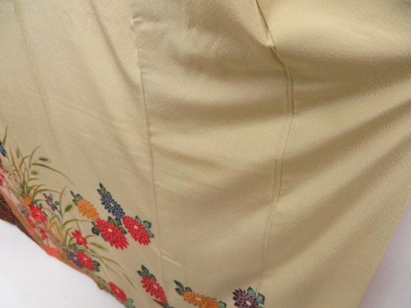 Photo4: 5816T010z1230  Japanese Kimono Silk Bingata FURISODE Flowers Light olive (4)