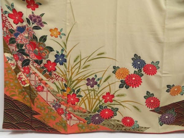 Photo5: 5816T010z1230  Japanese Kimono Silk Bingata FURISODE Flowers Light olive (5)