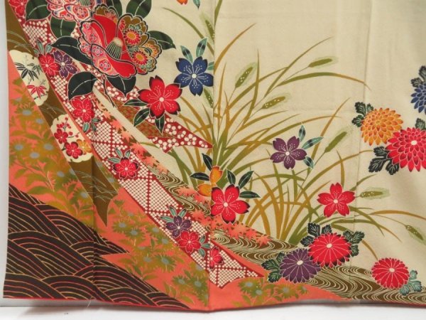 Photo6: 5816T010z1230  Japanese Kimono Silk Bingata FURISODE Flowers Light olive (6)