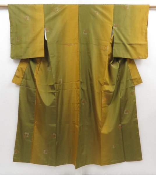 Photo1: 5816T011z790  Japanese Kimono Silk TSUMUGI Butterfly Olive green (1)