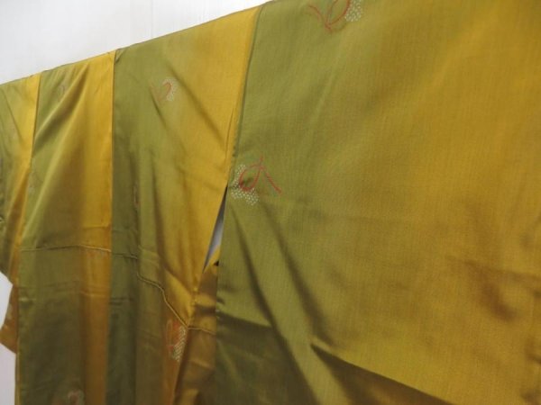 Photo2: 5816T011z790  Japanese Kimono Silk TSUMUGI Butterfly Olive green (2)