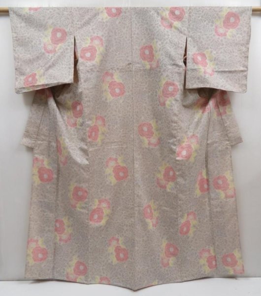 Photo1: 5816T12z760 Vintage Japanese Kimono Wool TSUMUGI Peony Gray (1)