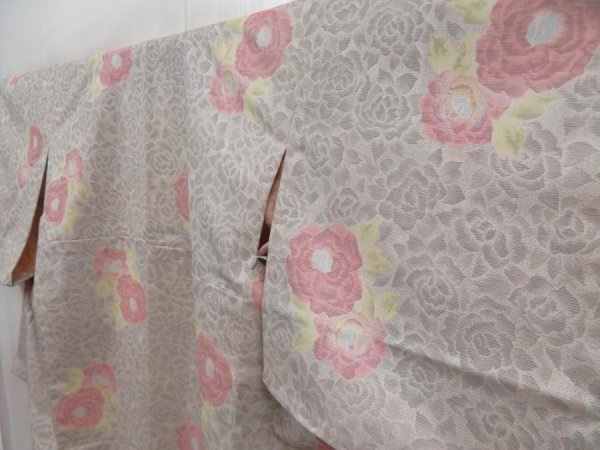 Photo2: 5816T12z760 Vintage Japanese Kimono Wool TSUMUGI Peony Gray (2)