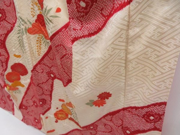 Photo4: 5816T13z950 Vintage Japanese Kimono Silk TSUKESAGE Plum blossom Dull red (4)