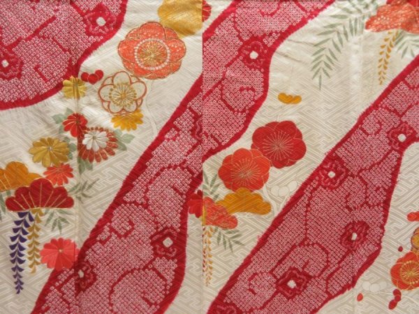 Photo8: 5816T13z950 Vintage Japanese Kimono Silk TSUKESAGE Plum blossom Dull red (8)