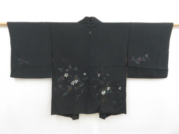 Photo1: 5816T07z540 Vintage Japanese Kimono Silk HAORI Flower Black (1)