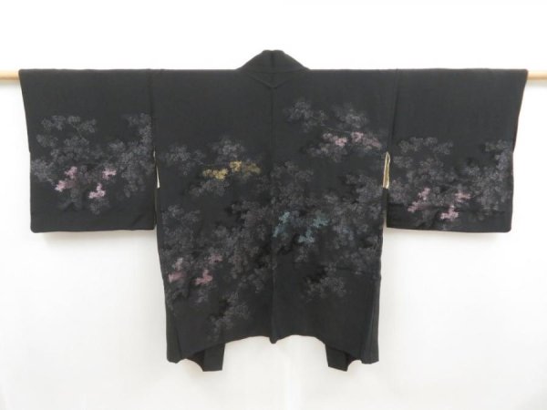 Photo1: 5816T09z520 Vintage Japanese Kimono Silk HAORI Trees Black (1)