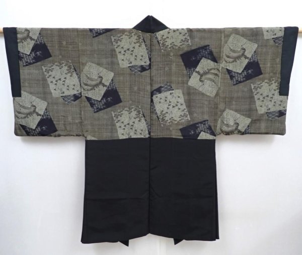 Photo1: 5820T01z530 Vintage Japanese Kimono Silk Men's HAORI Scenery Dark gray (1)