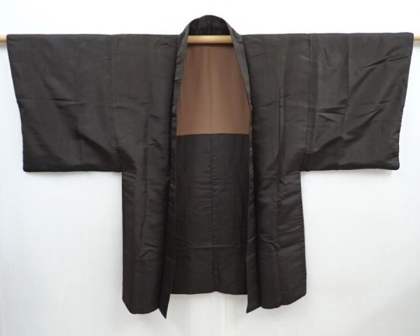 Photo1: 5820T04z500 Vintage Japanese Kimono Silk Men's HAORI  Dark olive-Black (1)
