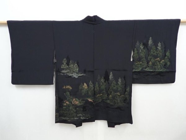 Photo1: 5820T06z500 Vintage Japanese Kimono Silk HAORI Trees Black (1)