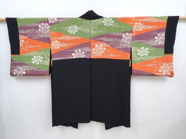 Photo1: 5820T10z560 Vintage Japanese Kimono Silk HAORI  Black (1)