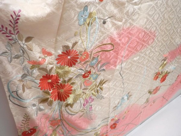 Photo2: 5820T12z1050 Vintage Japanese Kimono Silk FURISODE Flowers Off-white (2)