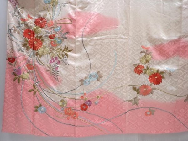 Photo3: 5820T12z1050 Vintage Japanese Kimono Silk FURISODE Flowers Off-white (3)