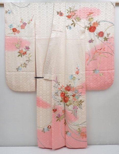 Photo4: 5820T12z1050 Vintage Japanese Kimono Silk FURISODE Flowers Off-white (4)