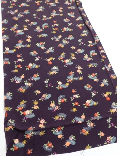 Photo2: 2Q01z70  Japanese Kimono Silk  FABRIC Camellia Dark grape 50.4x14.6 (2)