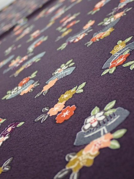 Photo4: 2Q01z70  Japanese Kimono Silk  FABRIC Camellia Dark grape 50.4x14.6 (4)