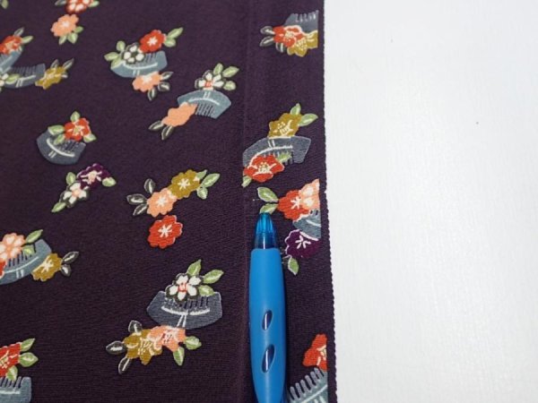 Photo6: 2Q01z70  Japanese Kimono Silk  FABRIC Camellia Dark grape 50.4x14.6 (6)