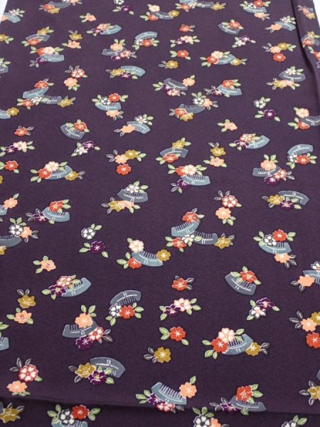 Photo1: 2Q02z70  Japanese Kimono Silk  FABRIC Camellia Dark grape 50.4x14.6 (1)