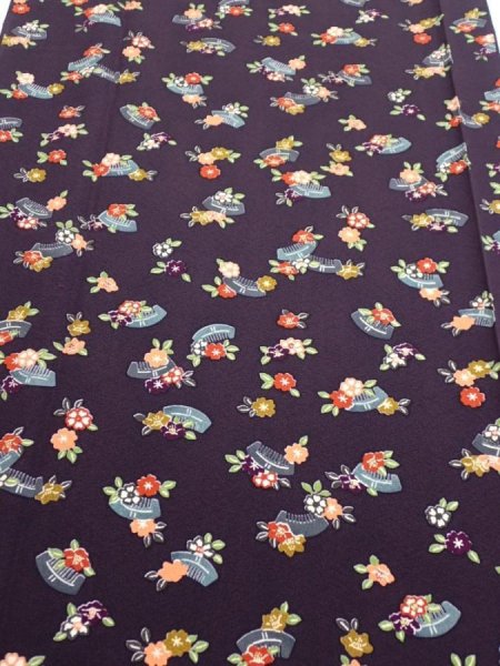 Photo1: 2Q05z100  Japanese Kimono Silk  FABRIC Camellia Dark grape 67.7x14.6 (1)