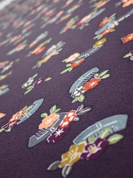 Photo4: 2Q05z100  Japanese Kimono Silk  FABRIC Camellia Dark grape 67.7x14.6 (4)