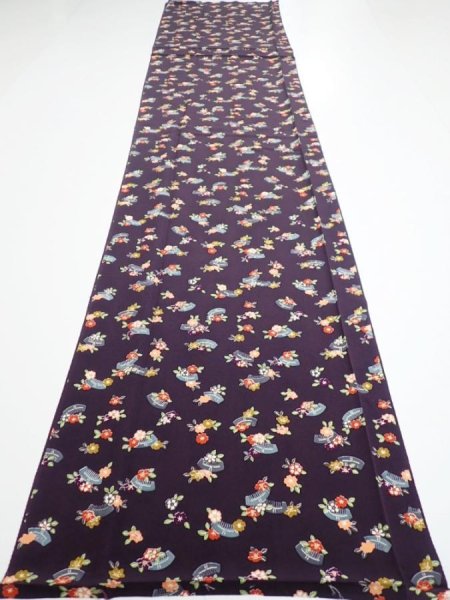 Photo5: 2Q05z100  Japanese Kimono Silk  FABRIC Camellia Dark grape 67.7x14.6 (5)