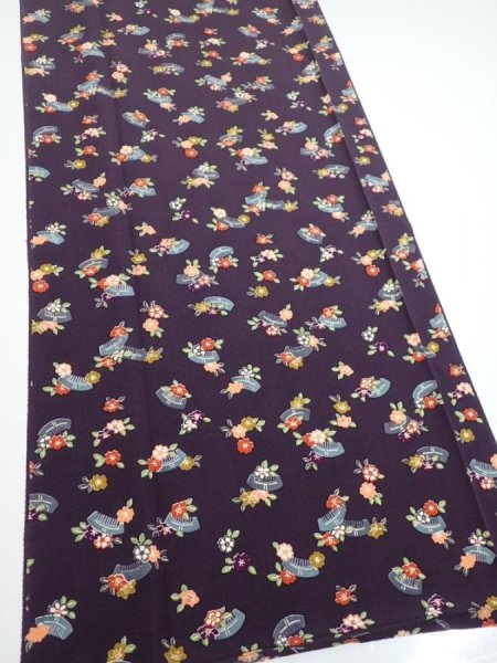 Photo2: 2Q06z100  Japanese Kimono Silk  FABRIC Camellia Dark grape 68.1x14.6 (2)