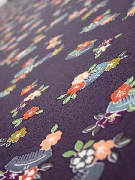 Photo4: 2Q08z50  Japanese Kimono Silk  FABRIC Camellia Dark grape 61.0x7.7 (4)