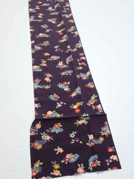 Photo2: 2Q09z60  Japanese Kimono Silk  FABRIC Camellia Dark grape 86.6x6.9 (2)