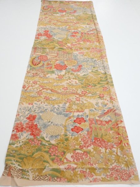 Photo5: 2Q01z70  Japanese Kimono Silk  FABRIC Royal cart Light brown-gray 47.2x14.6 (5)