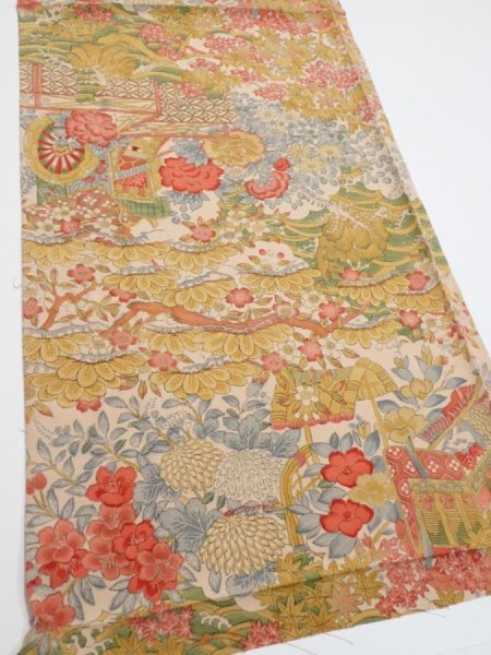 Photo2: 2Q02z70  Japanese Kimono Silk  FABRIC Royal cart Light brown-gray 47.2x14.4 (2)