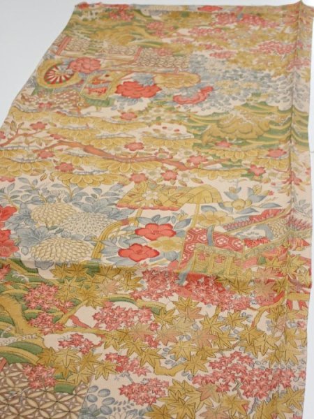 Photo3: 2Q02z70  Japanese Kimono Silk  FABRIC Royal cart Light brown-gray 47.2x14.4 (3)
