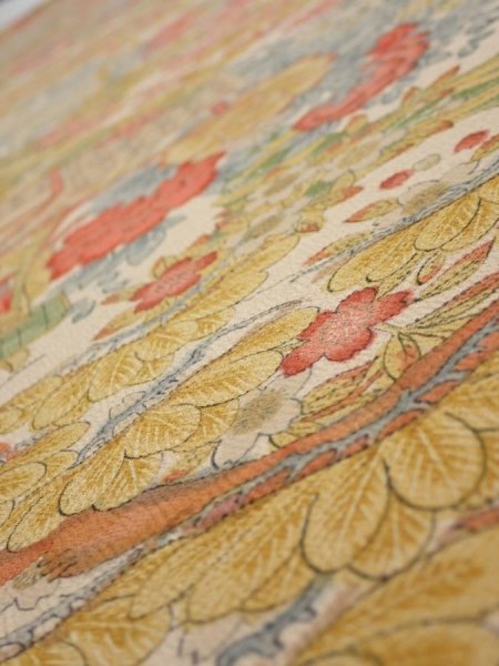 Photo4: 2Q05z90  Japanese Kimono Silk  FABRIC Royal cart Light brown-gray 65.4x14.4 (4)