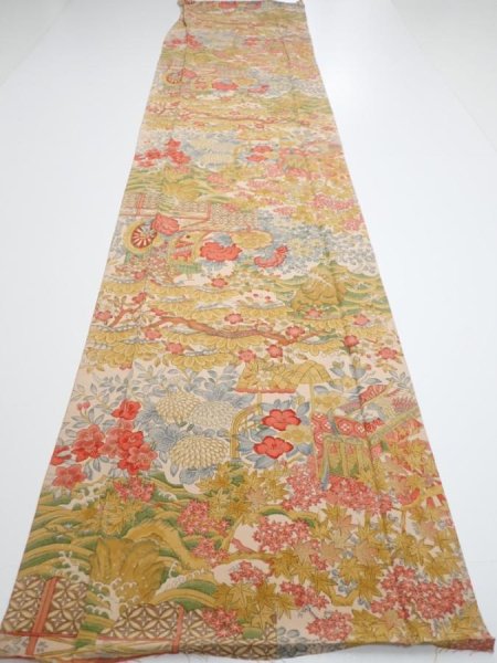 Photo5: 2Q05z90  Japanese Kimono Silk  FABRIC Royal cart Light brown-gray 65.4x14.4 (5)