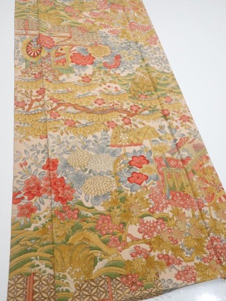 Photo2: 2Q06z90  Japanese Kimono Silk  FABRIC Royal cart Light brown-gray 65.4x14.6 (2)
