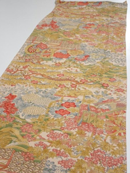 Photo3: 2Q06z90  Japanese Kimono Silk  FABRIC Royal cart Light brown-gray 65.4x14.6 (3)