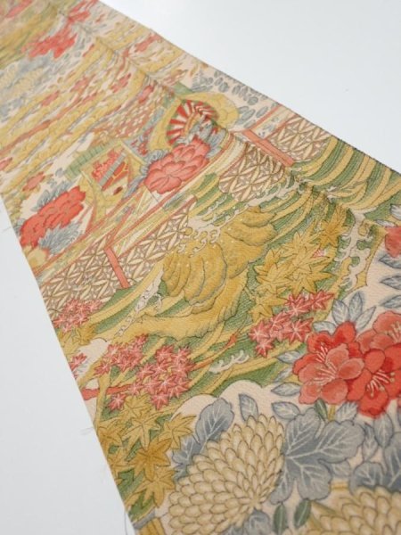 Photo1: 2Q07z50  Japanese Kimono Silk  FABRIC Royal cart Light brown-gray 60.6x7.5 (1)