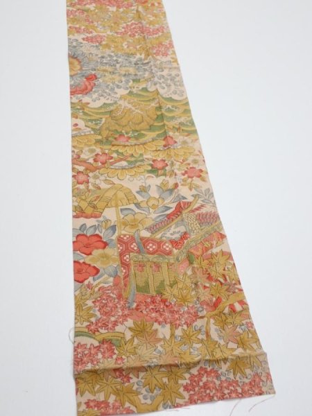 Photo2: 2Q09z50  Japanese Kimono Silk  FABRIC Royal cart Light brown-gray 80.3x6.7 (2)